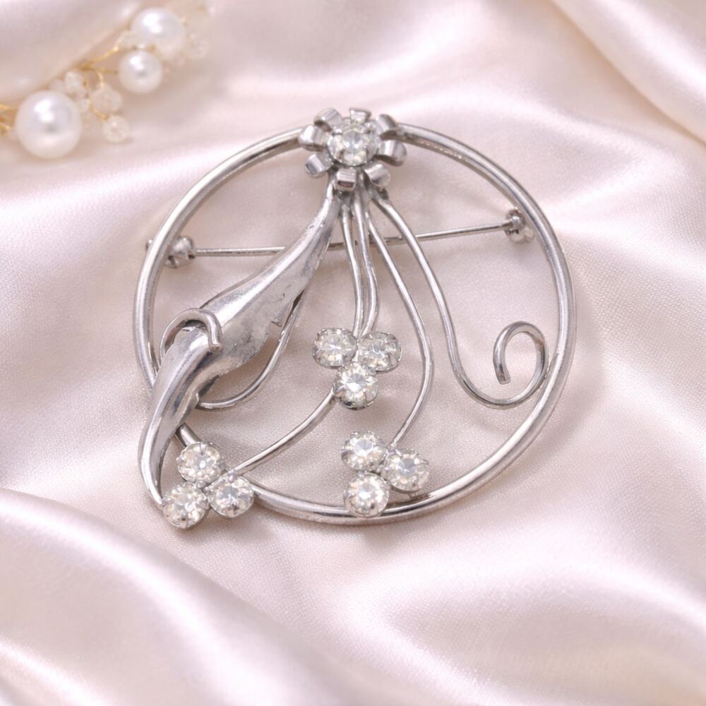 Vintage Silver Tone Rhinestone Floral Circle Brooch